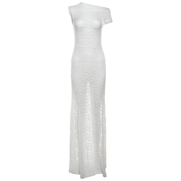 Crew neck lace solid see through maxi dress