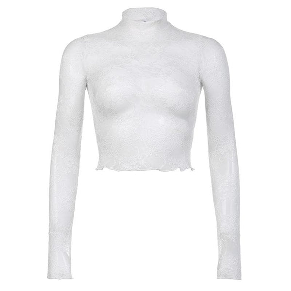 Long sleeve high neck lace see through top
