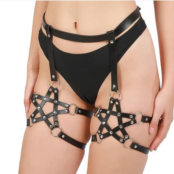 Black o ring PU leather metal chain garter belt