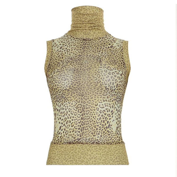 High neck leopard print mesh sleeveless top