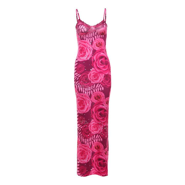 Flower print lace hem cami maxi dress