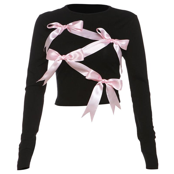 Long sleeve bowknot crewneck applique crop top