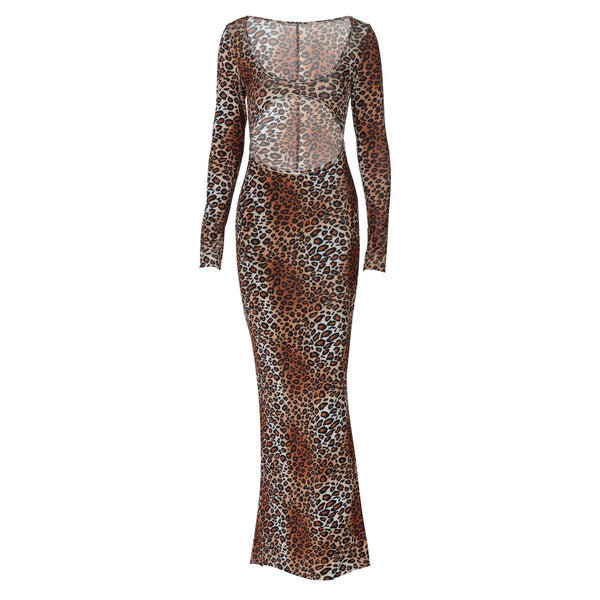 Long sleeve leopard print hollow out u neck maxi dress