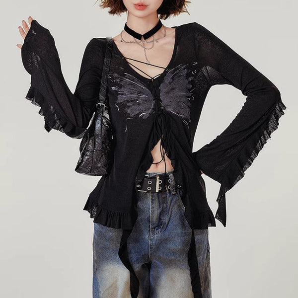 Ruffle long sleeve v neck lace up butterfly pattern top