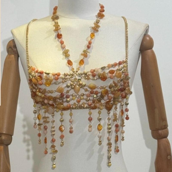 Metal chain hollow out halter beaded cami top