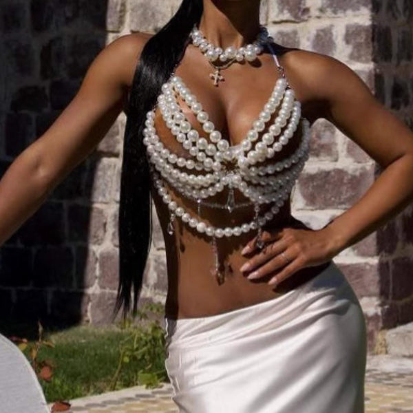 Halter beaded hollow out crystal pendant crop top