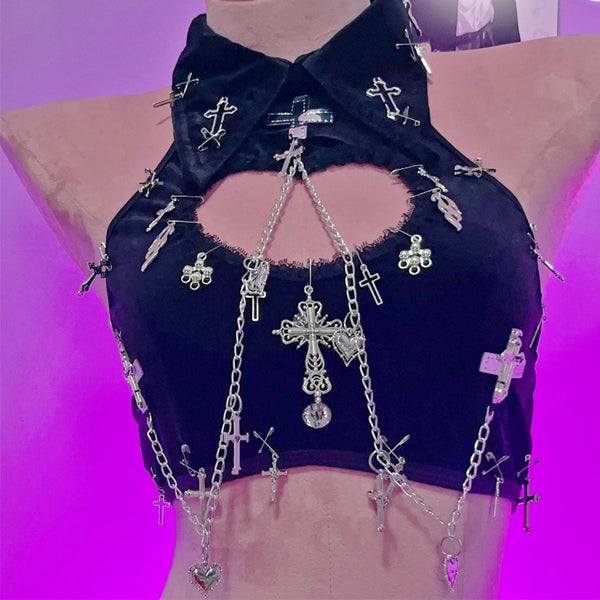 Halter turnover collar cross applique crop top