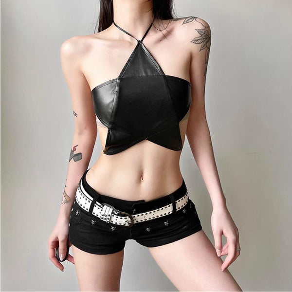 Halter self tie PU leather backless patchwork top