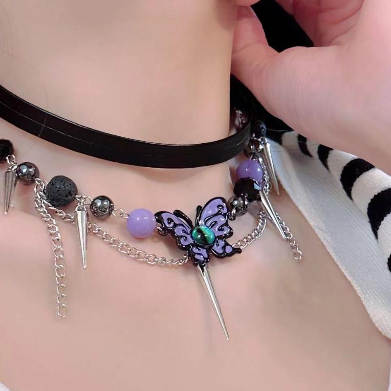 Purple butterfly layered rivet adjustable choker necklace – MUDSWEET