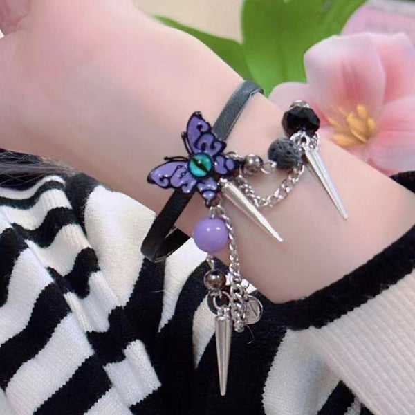 Pulsera de cadena de metal con forma de mariposa y cuentas con remaches