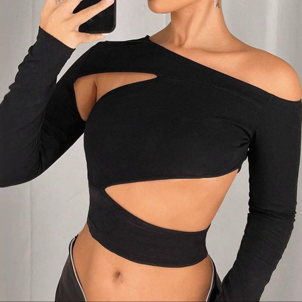 One shoulder long sleeve hollow out top