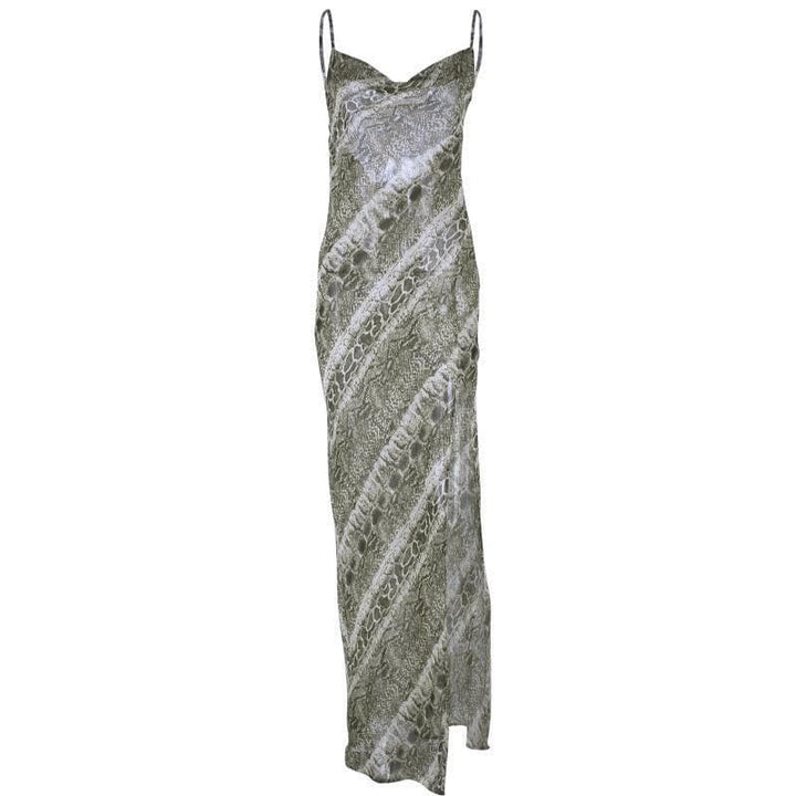 Cowl neck open back snake print slit sheer maxi dress - Halibuy