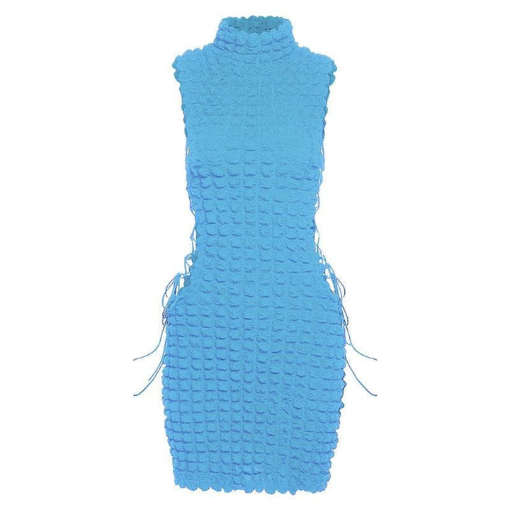 Sleeveless high neck lace up side mini dress - Halibuy