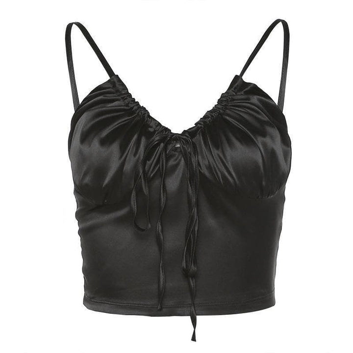 Sleeveless low cut ruched tie front crop top - Halibuy