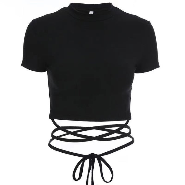 Cross front sleeveless high neck self tie ribbed crop top y2k 90s Revival Techno Fashion