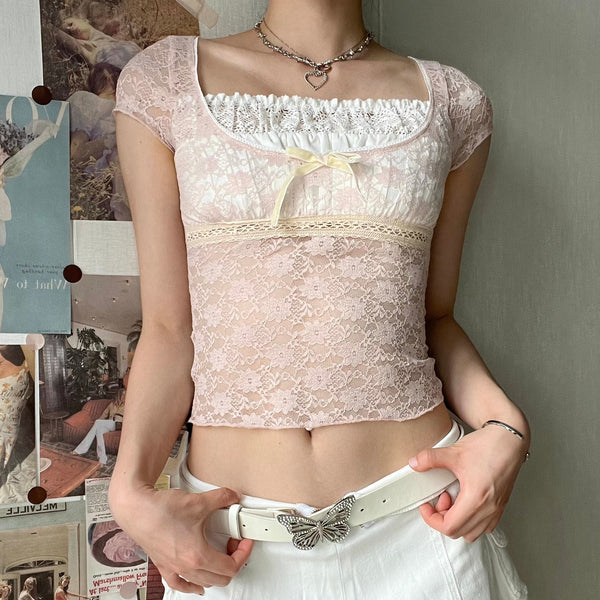 Square neck lace ruffled short sleeve bowknot top fairycore Ethereal Fashion