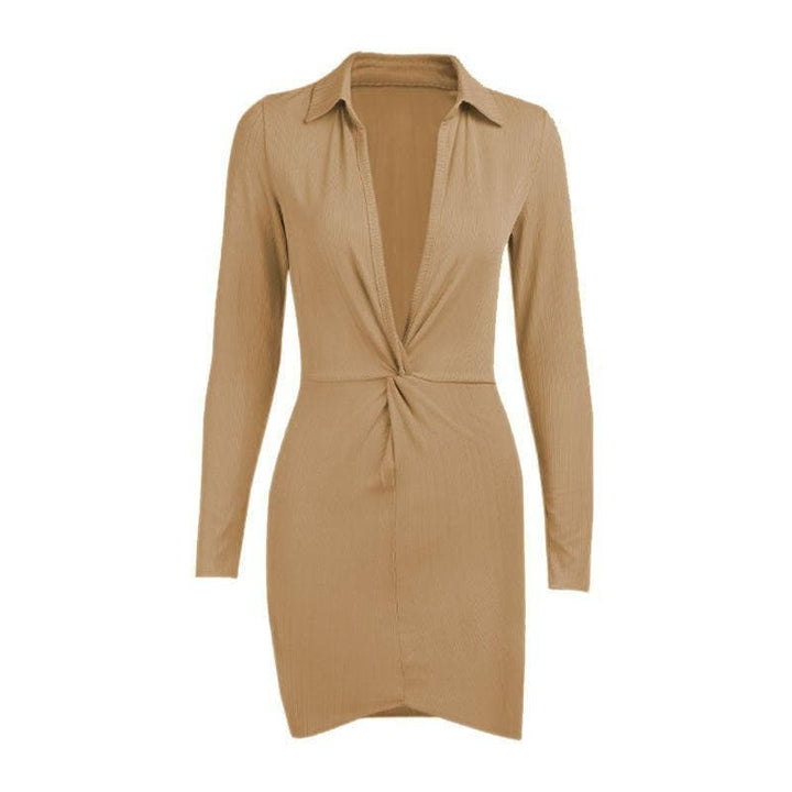 Long sleeve deep v neck ruched mini dress - Halibuy