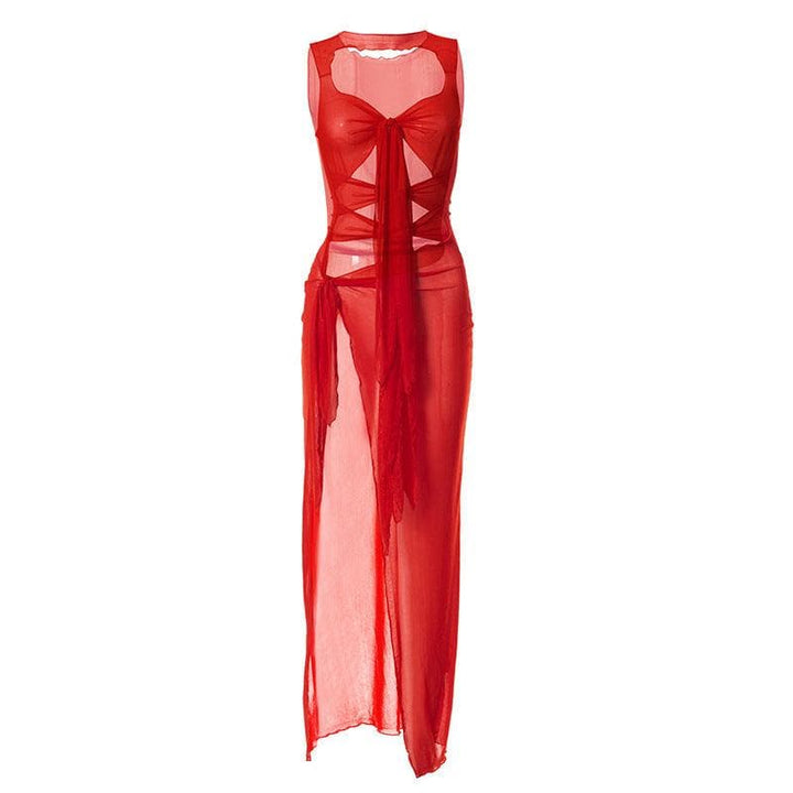 Sheer mesh see through knotted hollow out slit maxi dress - Halibuy