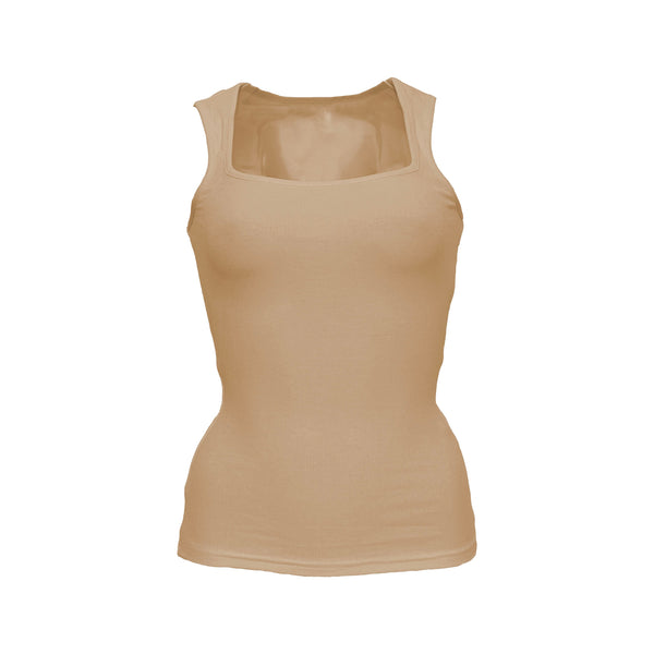 Square neck low cut sleeveless solid ribbed top