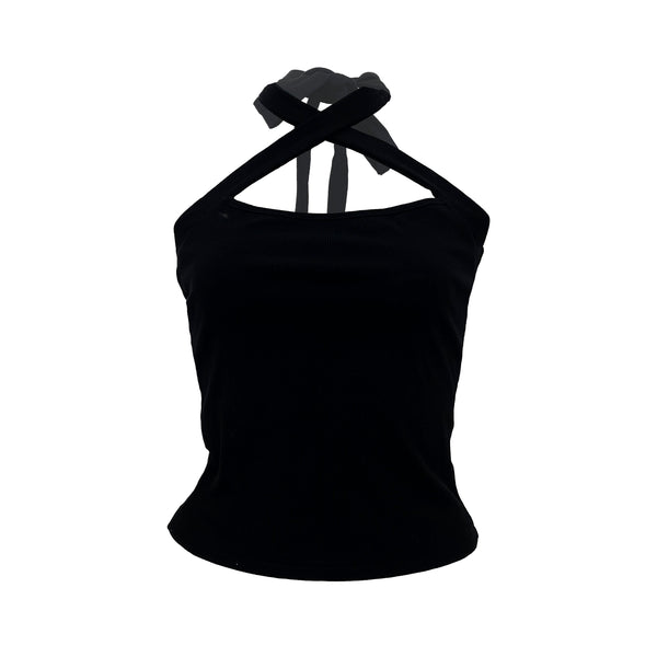 Cross front self tie hollow out solid ribbed top goth Alternative Darkwave Fashion goth Emo Darkwave Fashion