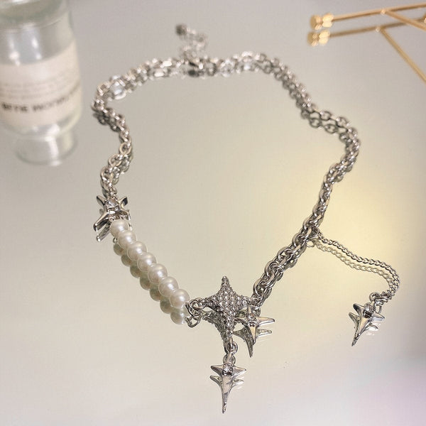 Star pendant faux pearl layered choker necklace