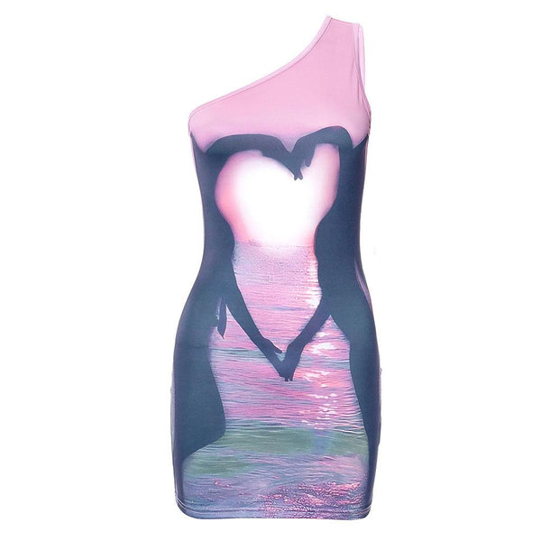 One shoulder heart pattern irregular contrast mini dress
