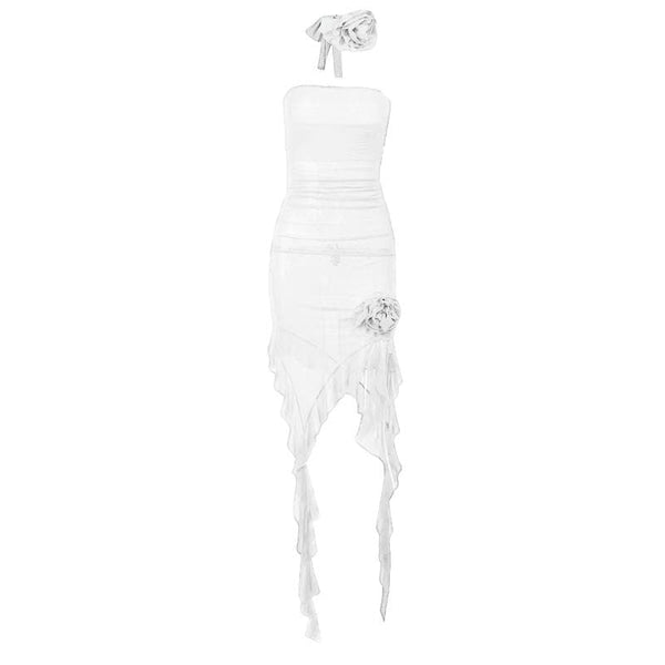 Solid slit sheer mesh see through flower applique mini dress fairycore Ethereal Fashion