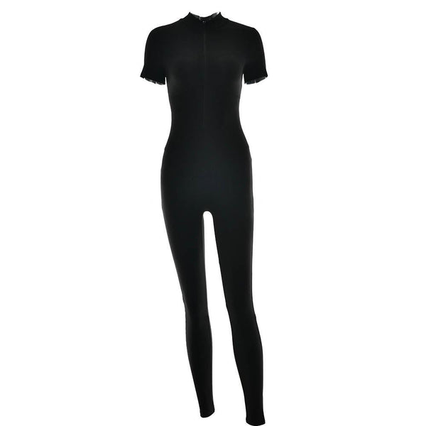Short sleeve zip-up high neck solid jumpsuit goth Alternative Darkwave Fashion goth Emo Darkwave Fashion