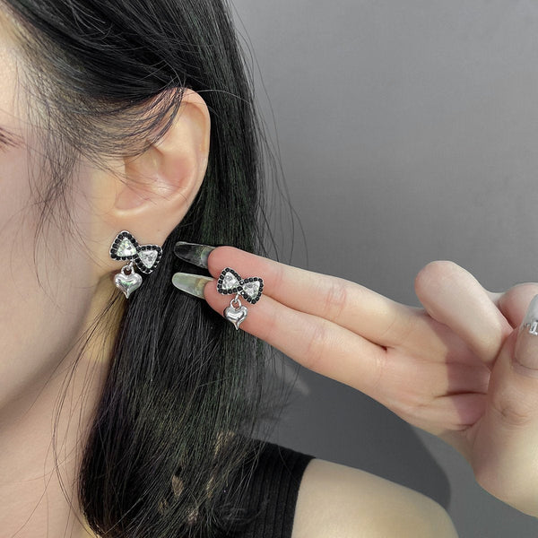 Heart pendant bowknot rhinestone earrings