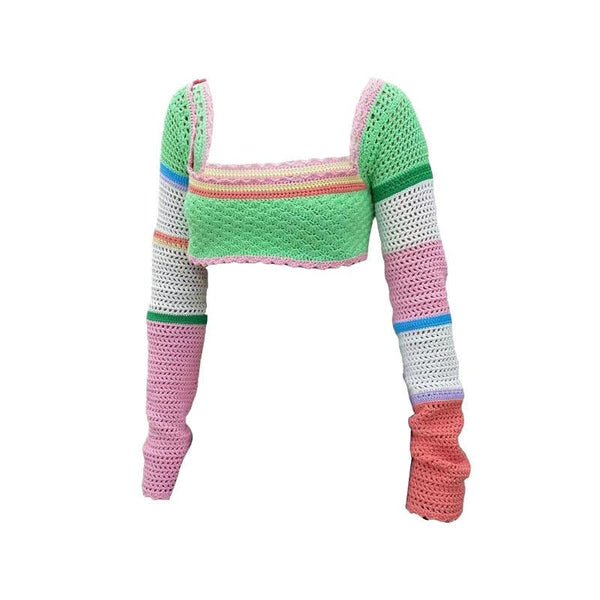Crochet knit long sleeve contrast square neck crop top y2k 90s Revival Techno Fashion