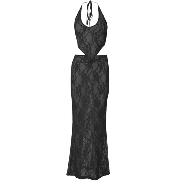 Halter u neck lace see through ruched backless maxi skirt set