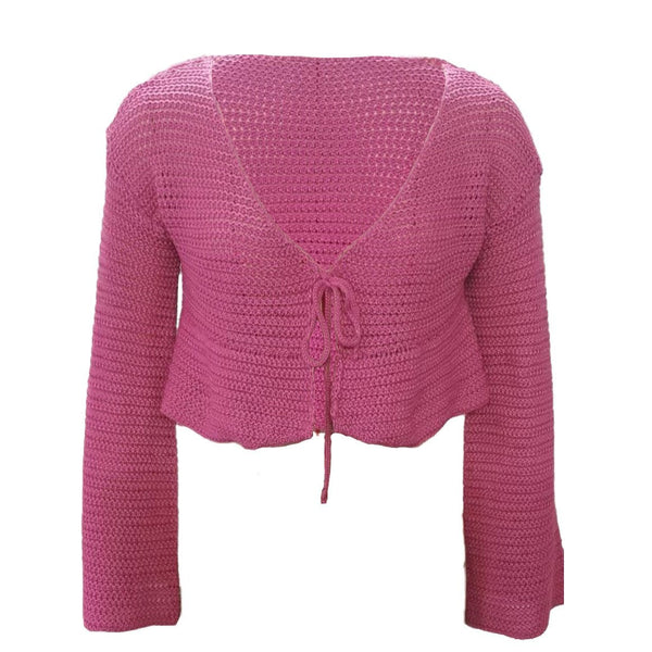 V neck self tie knit crochet long sleeve solid crop top y2k 90s Revival Techno Fashion