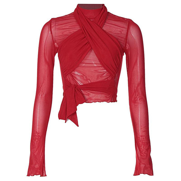 Self tie solid cross front ruched long sleeve mesh top