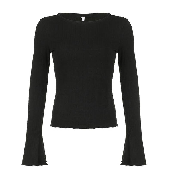 Long flared sleeve crewneck ribbed ruffle solid top