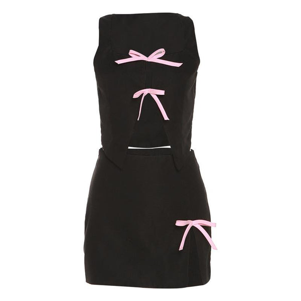 Sleeveless solid square neck bowknot applique slit mini skirt set