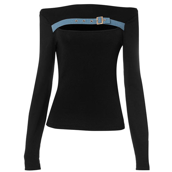 Long sleeve off shoulder buckle hollow out contrast top