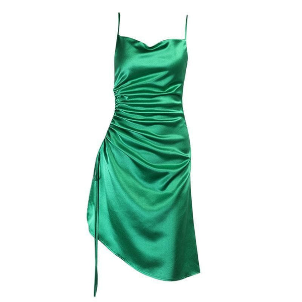 Cowl neck slit satin ruched midi dress - Halibuy