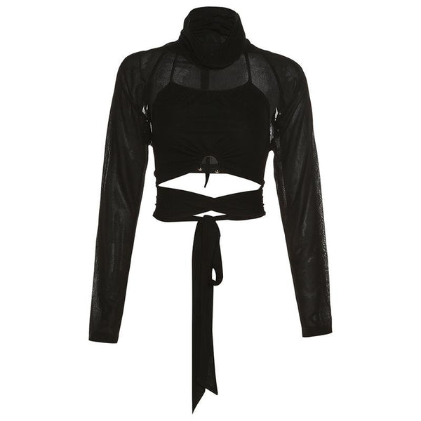 Long sleeve halter solid high neck cross front self tie 2 piece crop top goth Alternative Darkwave Fashion goth Emo Darkwave Fashion