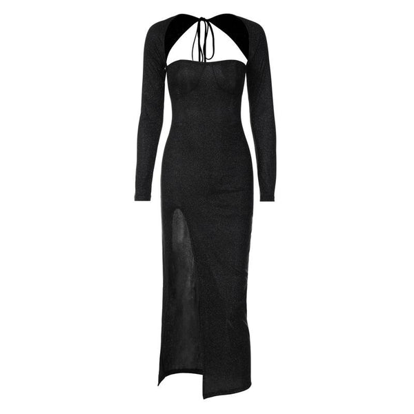 Textured long sleeve lace up self tie slit irregular ruched midi dress