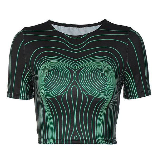 Short sleeve round neck contrast abstract print crop top cyberpunk Sci-Fi Fashion