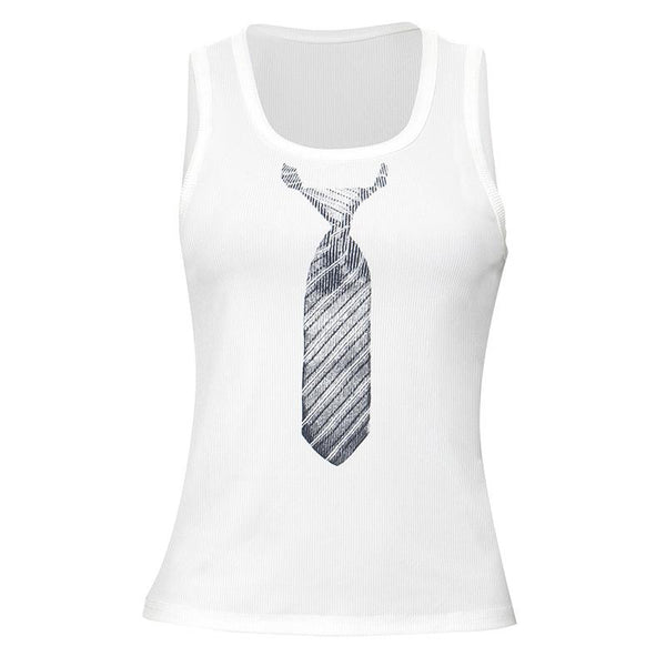 U neck necktie print ribbed contrast sleeveless top