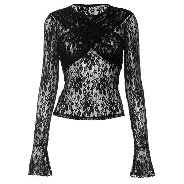 Lace cross front see through long sleeve solid top