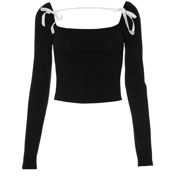 Long sleeve bowknot square neck contrast top