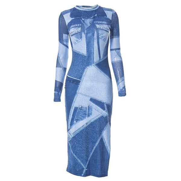 Denim print long sleeve contrast crewneck slit midi dress cyberpunk Sci-Fi Fashion