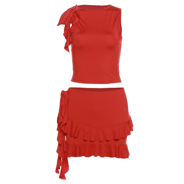 Crewneck ruffle solid self tie mini skirt set