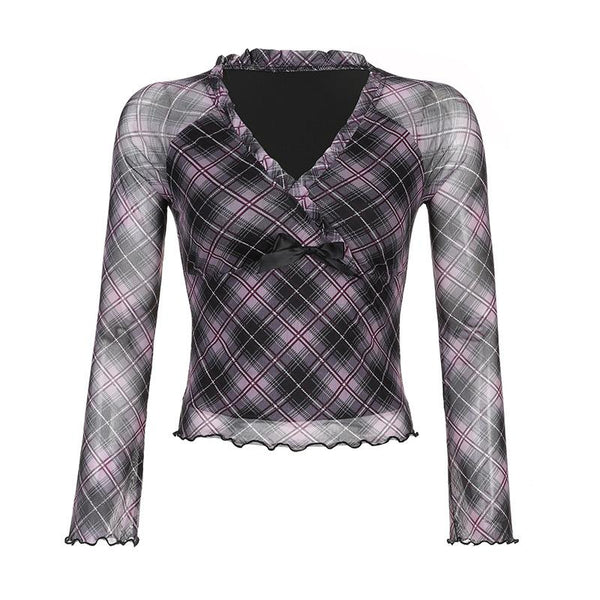 Plaid ruffle v neck mesh contrast top