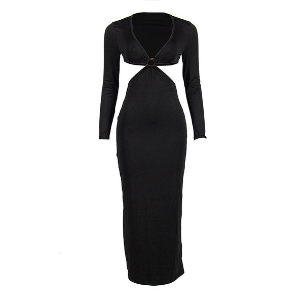 Solid o ring long sleeve v neck hollow out maxi dress