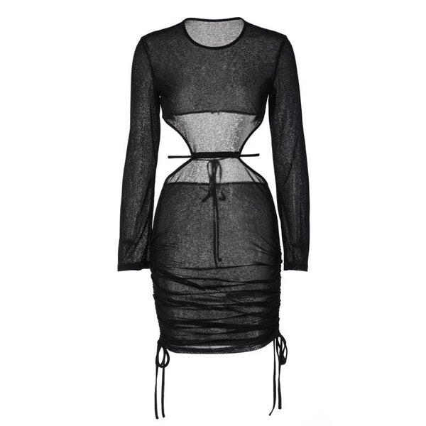 See through long sleeve ruched open back drawstring dress