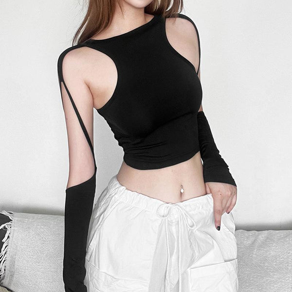 Hollow out solid long sleeve crewneck crop top