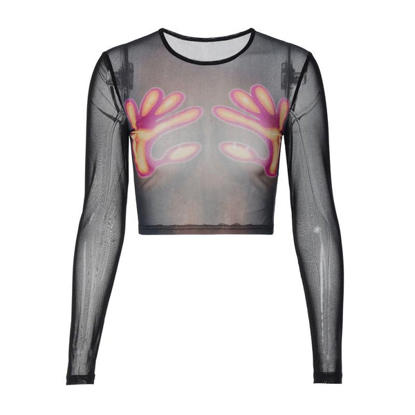 Long sleeve thermal palm print sheer mesh see through crop top y2k 90s Revival Techno Fashion